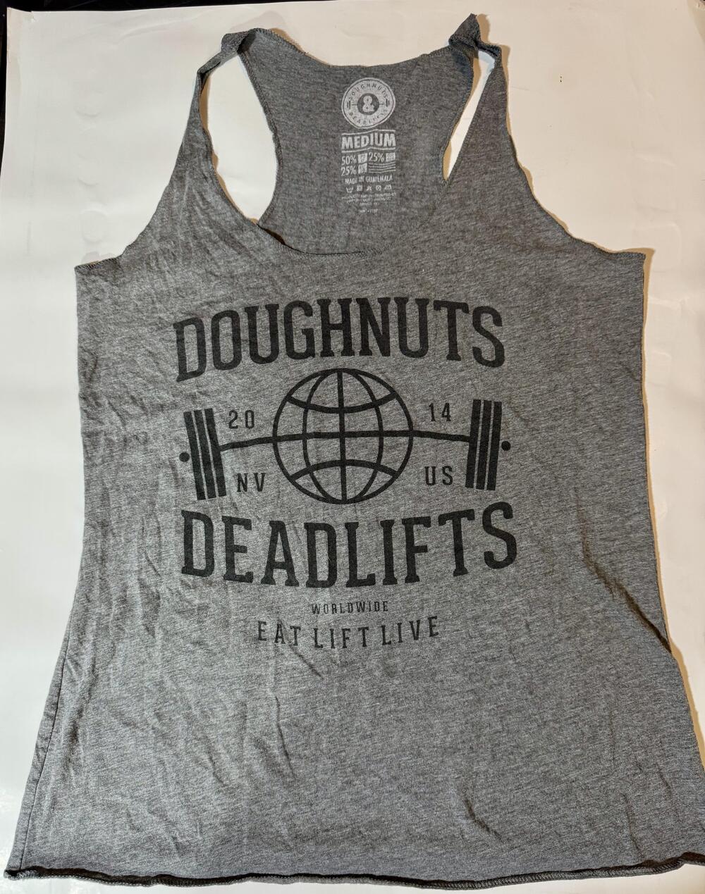 Doughnuts & Deadlifts Tank Top Womens Medium Gray Racerback Graphic Gym Workout